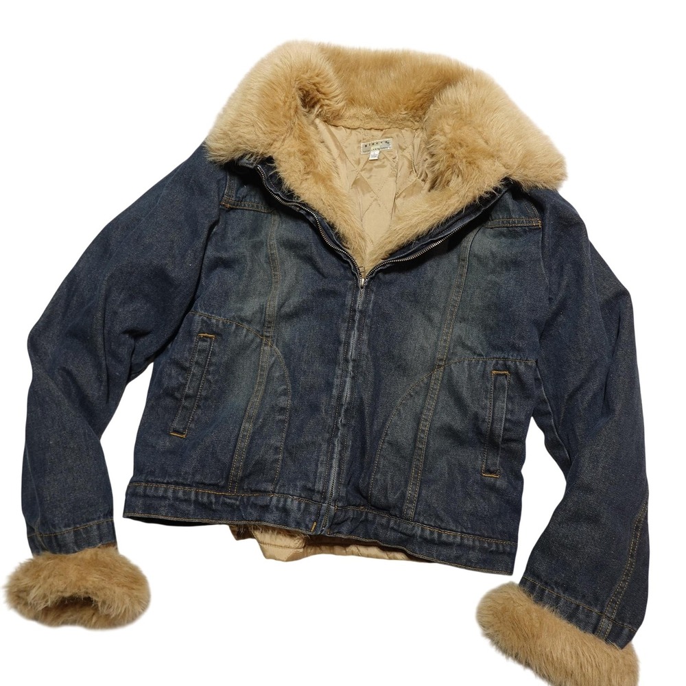 Vintage Giacca Jacket Womens Large Blue Denim Faux Fur Collar Cuffs Lined Bomber
